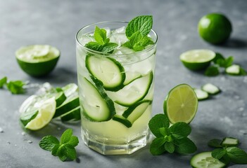 Fototapeta premium A glass of water with cucumber, mint and lime on grey background Fresh summer drink