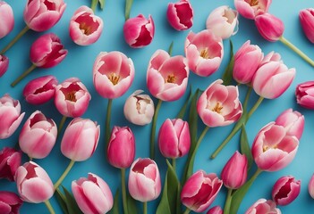 Flowers for Valentines Mothers or Womens Day Pink tulips flowers on blue background Spring holiday background top view
