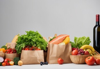 Healthy shopping food concept Healthy food in paper bags Fish, salmon, pasta, vegetables, fruits...