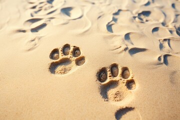 Fototapeta na wymiar Silhouette of a dog paw prints on beach sand