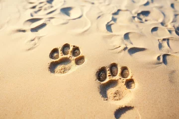 Fotobehang Silhouette of a dog paw prints on beach sand © Alina