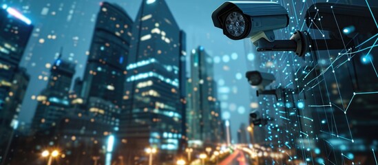 High-tech surveillance technology ensures urban safety by monitoring surroundings from a building's exterior. - obrazy, fototapety, plakaty