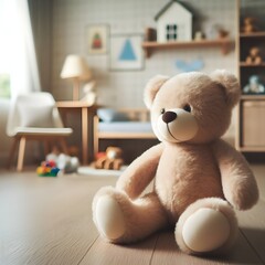 teddy bear, in the center of a room, with focus on the Bear and blurred background. children's room, children's toy, cute