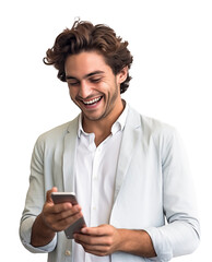 a curly young man reading messages or comments on the phone  on isolated transparent background