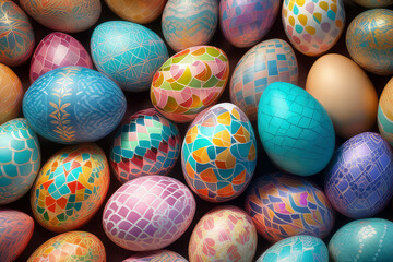 Fototapeta na wymiar Easter eggs festive decorated as a background with copy space. Generative AI