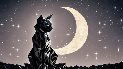 Portrait illustration with a cosmic beauty shades of gray geometric cat with stars and moon in the background. Wallpaper 4K