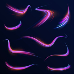 Light trail wave, fire path trace line, car lights, optic fiber and incandescence curve twirl. Vector glitter light fire flare trace. Speed of light in galaxy.	