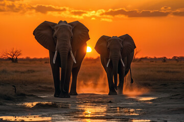 Fototapeta na wymiar Family of elephants walking through the savana at sunset. Amazing African wildlife