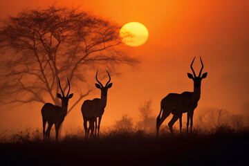 Family of impalas in the savana at sunset. Amazing African wildlife