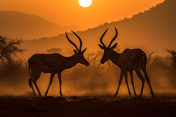 Two impalas fighting in the savana at sunset. Amazing African wildlife