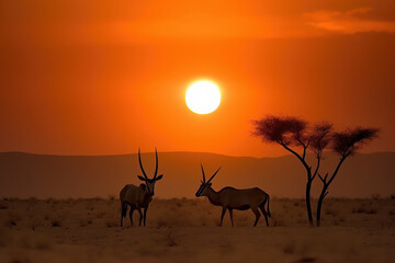 Fototapeta na wymiar Two oryx in the desert at sunset. Amazing African wildlife