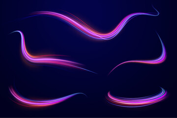 Big data traffic visualization, dynamic high speed data streaming traffic. Neon color glowing lines background, high-speed light trails effect. Purple glowing wave swirl, impulse cable lines.	