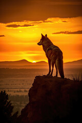 Silhouette of a wolf standing on a hillside at sunset. Amazing Wildlife.