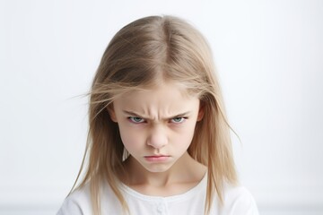 Naklejka premium Portrait of angry child girl on white background