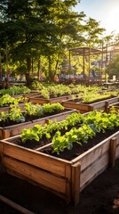 Vegetable garden in the city, wooden beds for growing vegetables, hobbies and recreation - obrazy, fototapety, plakaty