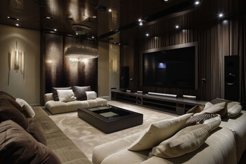 sophisticated home cinema with plush seating and ambient light, featuring a large screen and high-end audio equipment for a luxurious movie experience.