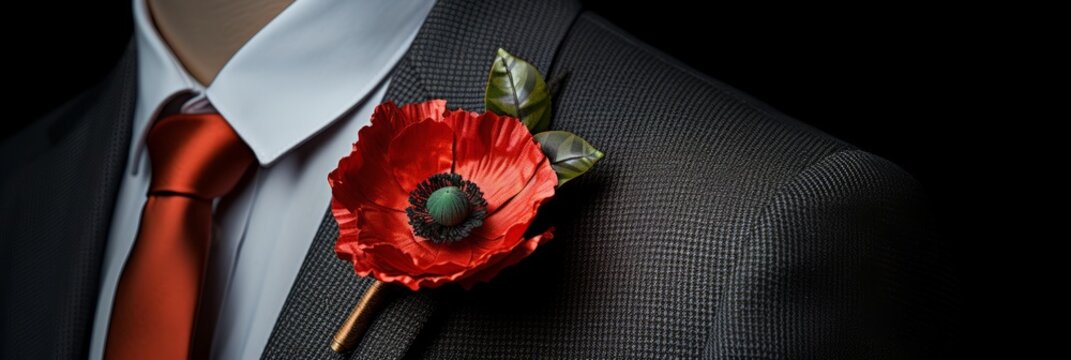 Poppy flower in the buttonhole of a man's jacket, a remembrance poppy in memory of fallen soldiers in the war, banner
