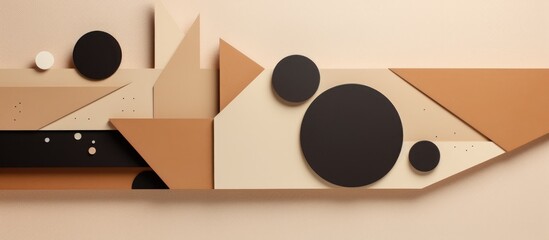 Geometric shapes and lines in beige and brown colors atop abstract colored paper for a minimal cut style composition.