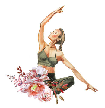 Young woman practices yoga asans with flower bouquet  illustration. Watercolor girl exercising design. Meditation concept artwork. Relax and yoga branding drawing.