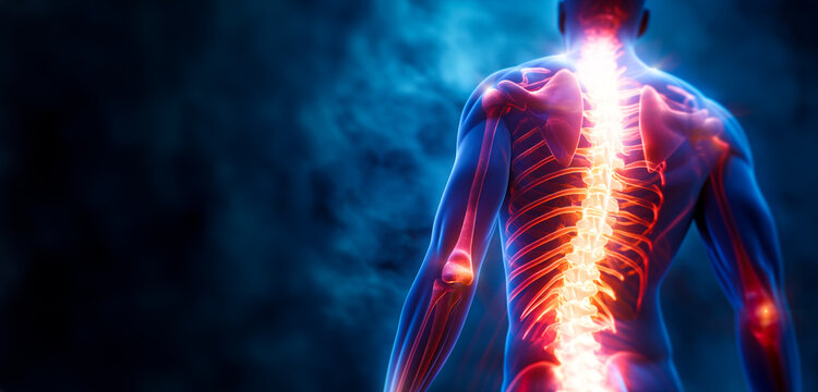 3d Rendered illustration of a painful back.  Medical Back Pain Unveiled: X-Ray Imaging Reveals Spinal Cord Issues and Injury for Precise Diagnosis and Treatment.