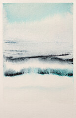 Ink watercolor hand drawn smoke flow stain blot landscape on wet grain paper texture background....