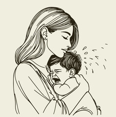Mother with crying children. Sketch. Motherhood