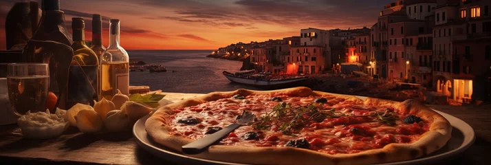 Foto op Canvas Neapolitan pizza close-up, delicious fresh pizza on a wooden table, banner © serz72