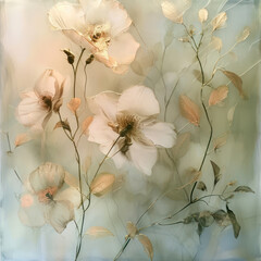 pale pink flower painting classic style, grey and blue theme 