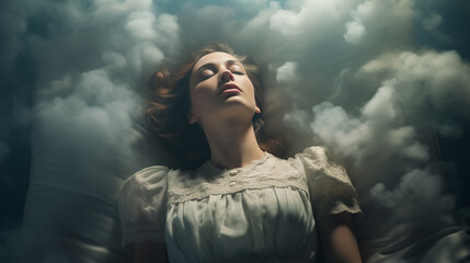 Schlafende Frau zwischen Kissen und Wolken. Warme surreale Beleuchtung. Ruhige traumartige Atmosphäre. Konzept: Sprichwort "Wie auf Wolken schlafen". Surrealistische Illustration