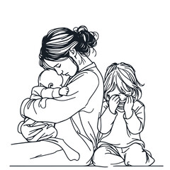 Mother with two crying children. Sketch. Motherhood