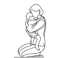 Mother hugging baby stylized vector. Woman with a newborn in her arms isolated. A young mom and baby on white background. Minimal black sketch in the lines. Happy mother's day. Vector illustration