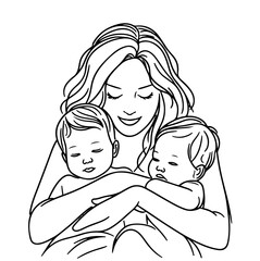 Mother holds two children in her arms in a minimalist style. Design for pictures, family planning center, mother and child clinic logo, tattoo, medicine, care, poster, banner, postcard. Isolated vecor