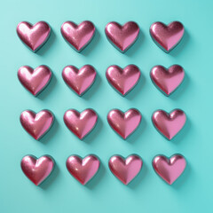 Fototapeta premium metal pink hearts on turquoise background
