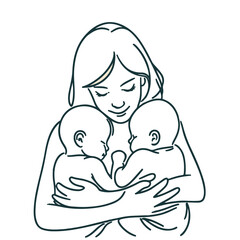 Mother holds two children in her arms in a minimalist style. Design for pictures, family planning center, mother and child clinic logo, tattoo, medicine, care, poster, banner, postcard. Isolated vecor