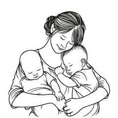 Mother holds two children in her arms in a minimalist style. Design for pictures, family planning center, mother and child clinic logo, tattoo, medicine, care, poster, banner, postcard. Isolated vecor