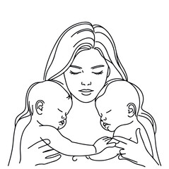 Mother holds two children in her arms in a minimalist style. Design for pictures, family planning center, mother and child clinic logo, tattoo, medicine, care, poster, banner, postcard. Isolated vecor