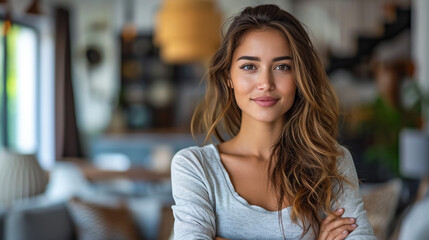 Elegant european girl with beautiful brown eyes touching chin with fingers and gently smilling. Close-up portrait of trendy young woman in glasses and knitted sweater posing in yellow room. - obrazy, fototapety, plakaty