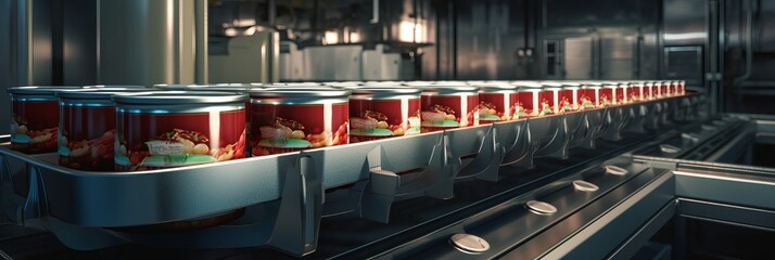 Canned food factory, cans with their contents move on a conveyor belt for labeling and marking, banner - obrazy, fototapety, plakaty