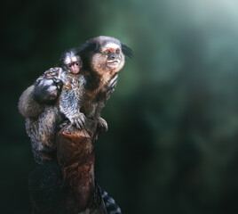 Black-tufted Marmoset monkey mother and babies (Callithrix penicillata)