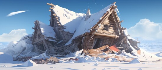 House roof collapsed due to snow weight.
