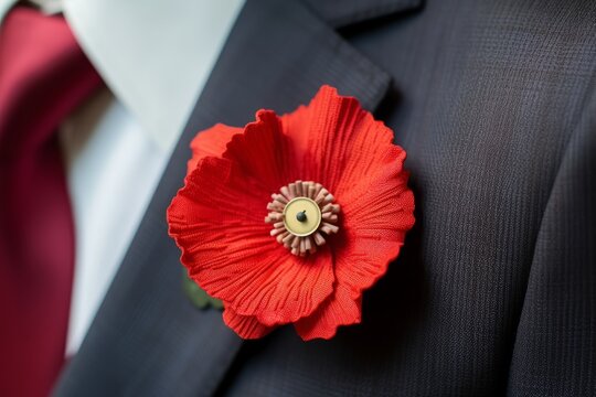Poppy flower in the buttonhole of a man's jacket, a remembrance poppy in memory of fallen soldiers in the war