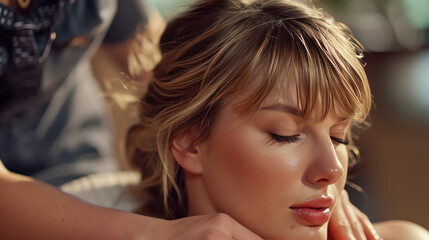 Fototapeta premium blonde woman gets head massage in the spa