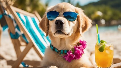 dog on the beach A golden retriever puppy with a comical expression, wearing oversized sunglasses   - obrazy, fototapety, plakaty