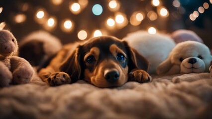dog in the christmas An adorable image of a tiny puppy  dachshund dozing together,   - obrazy, fototapety, plakaty