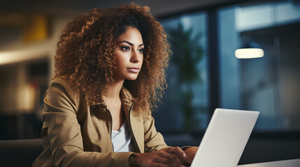 Beautiful Middle Eastern Manager Sitting at a Desk in Creative Office. Young Stylish Female with Curly Hair Using Laptop