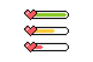 Clipart set of pixel elements in 8-bit style isolated on a white background. Heart shaped icons, all lives, half lives, lives are over, scales in a retro game.