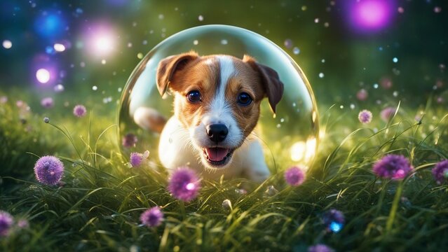 jack russell terrier playing in clear ball highly intricately detailed photograph of Happy jack russell pet dog puppy running in the grass    