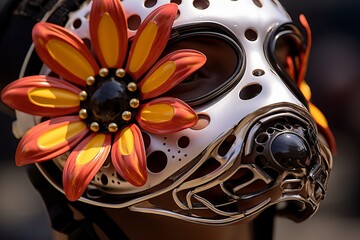A masquerade with fancy masks and bright flowers close up