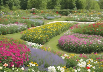 Obraz premium Colorful garden landscape and grassy lawn 