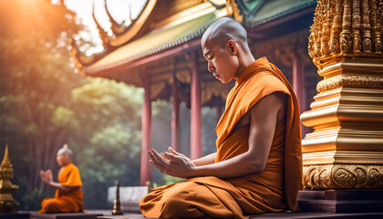 Buddhist monk praying at a religious ceremony in Buddhist style, Buddhist holidays,